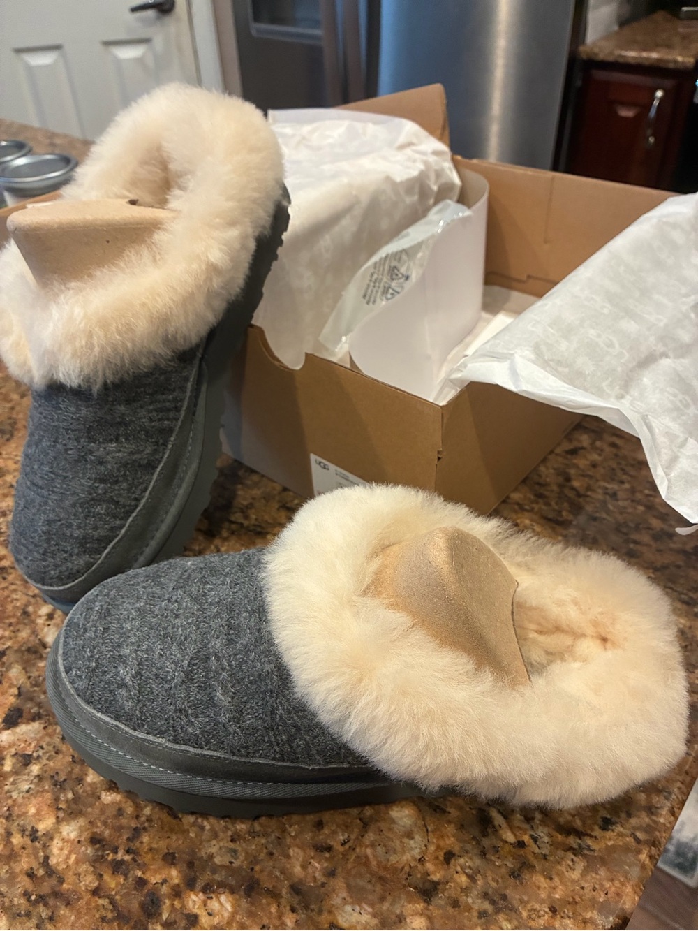 UGG Gray Slip-On Wool Slippers with Cream Shearling Collar